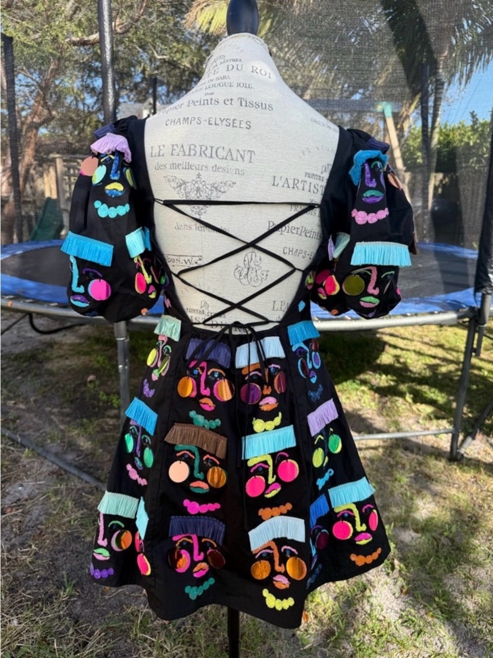 QUEEN OF SPARKLES Black Mini Dress with Neon Embroidered Faces size S EUC - Picture 2 of 5